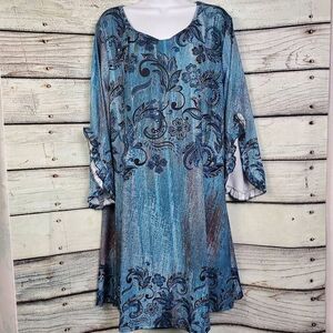 Lily by Firmiana Blue Paisley Tunic Dress Size XXL Ruffle Sleeve Boho